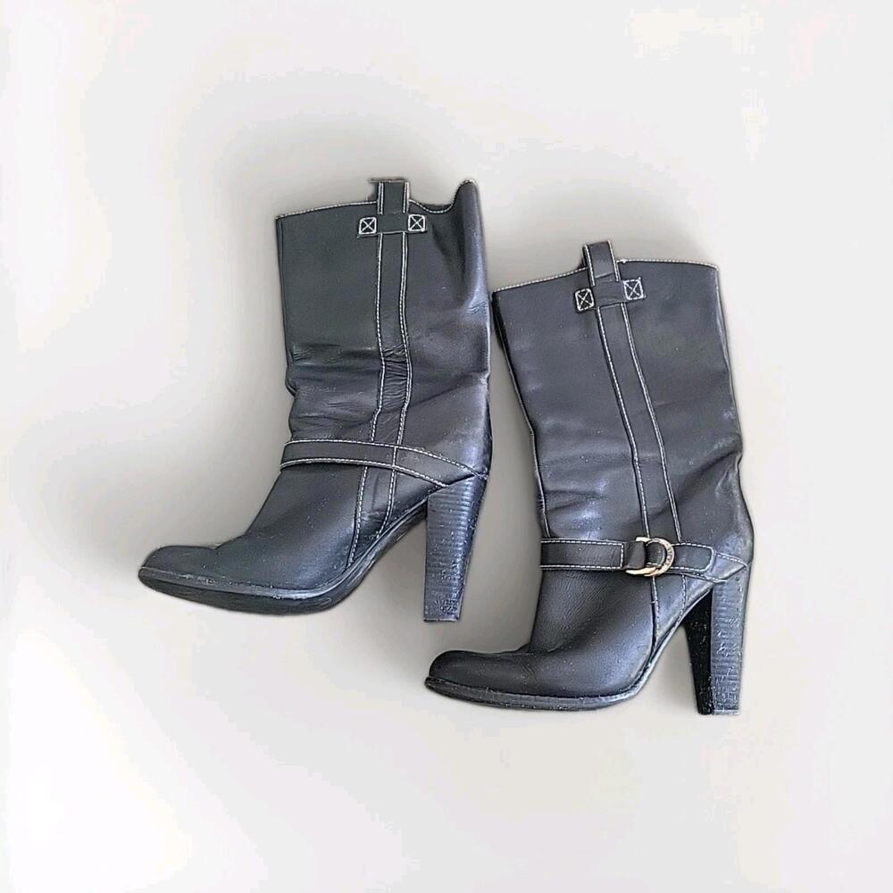 RALPH LAUREN Black Leather Stacked Heel Boots with Gold Buckle - 10M Pull On